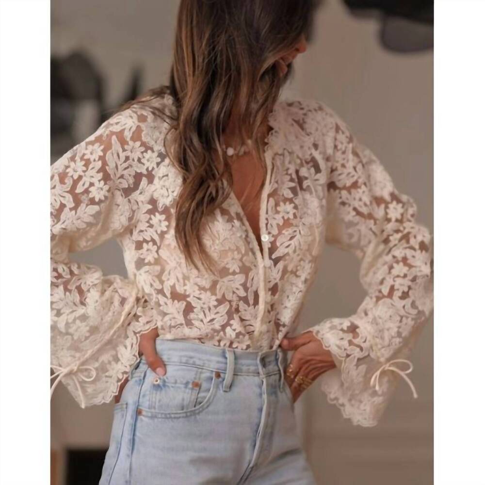 NEW ROSA CLOTHING women's boho lace floral sheer blouse in beige - Picture 3 of 4